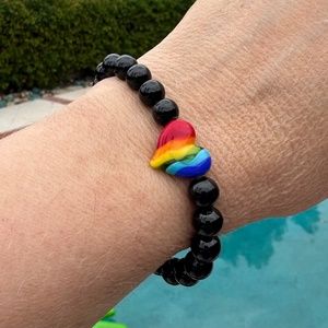 Rainbow heart glass bead with 8mm black tourmaline beads